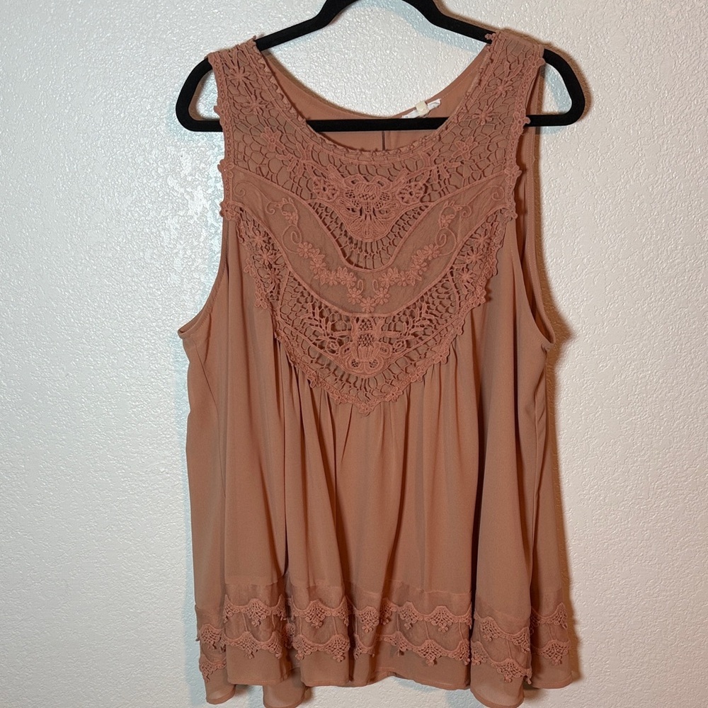 Chic Soul Peach Crochet Lace Flowy Boho Blouse Tank Size 1X
